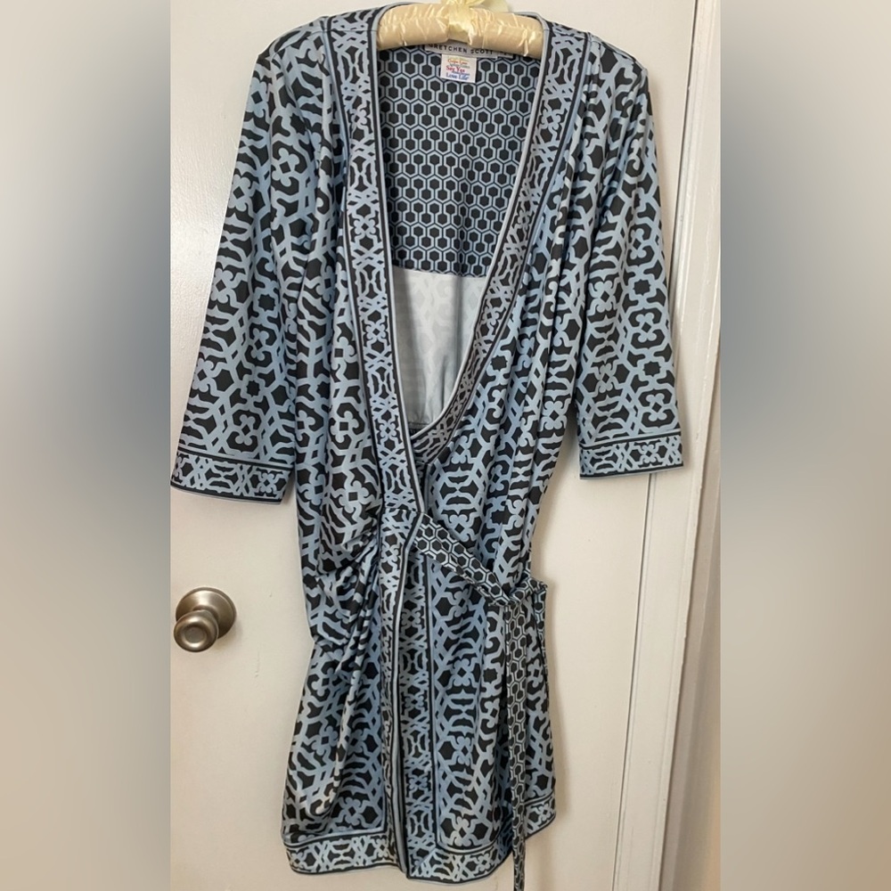 Gretchen Scott Blue & Black Geometric Wrap Dress Size L - Picture 2 of 5